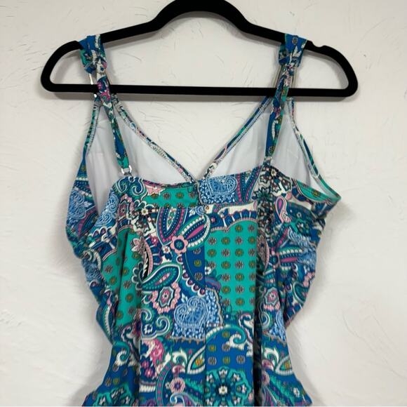 Spanx Assets Blue & Green Floral Paisley One Piece Swimsuit Womens XL Modest - Picture 9 of 13